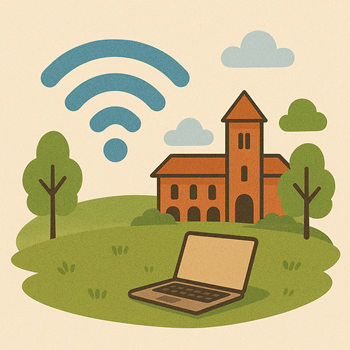 Cartoon of laptop on campus lawn with Wi-Fi symbol and brick building in background.